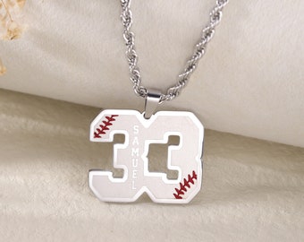 Customized Engraved Sport Number Necklace with Name|Baseball Lace Necklace|Personalized Lucky Pendant|Baseball and Sports Team Number