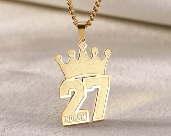 Customized Engraved Sport Number Necklace with Crown|Year Necklace|Personalized Lucky Pendant with Name|Baseball and Sports Team Number