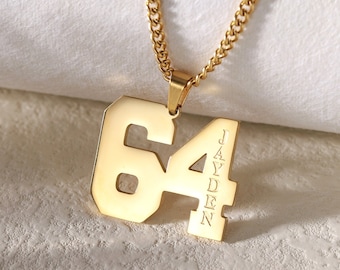 Customized Engraved Sport Number Necklace with Name|Year Necklace|Personalized Lucky Pendant|Baseball and Sports Team Number