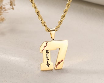 Customized Engraved Sport Number Necklace with Name|Baseball Lace Necklace|Personalized Lucky Pendant|Baseball and Sports Team Number
