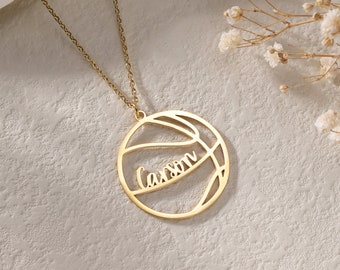 Personalized Basketball Number Necklace|Gold Name Necklace with Basketball|Custom Lucky Pendant with Team Name|Girls Basketball Jewelry