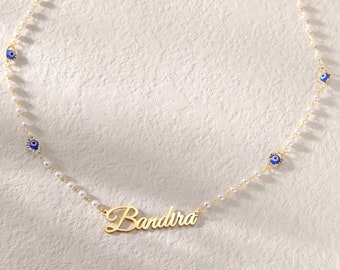 Custom Evil Eye Pearl Name Necklace|Dainty Blue Evil Eye and Round Pearl Choker|Evil Eye Jewelry|Personalized Birthday Gift for Her