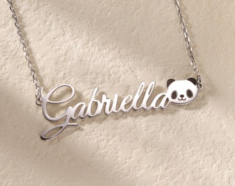 Customized Panda Bear Necklace with Name|Personalized Panda Bear Charm Pendant|Animal Name Plate Necklace|Delicate Everyday Necklace