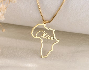 Gold Africa Map Name Necklace|Custom Travel Necklace for Men and Women|Outline Africa Map Mini Pendant Necklace|Heritage Jewellery