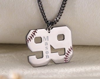 Customized Engraved Baseball Lace Number Necklace with Name|Year Necklace|Personalized Lucky Pendant|Baseball and Sports Team Number