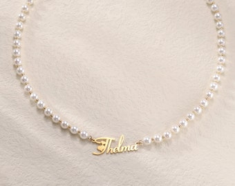 Custom Freshwater Pearl Necklace with Heart Font|White Pearl Chain Name Necklace|Trendy Handmade Nameplate Pearl Choker|Heart Name Necklace