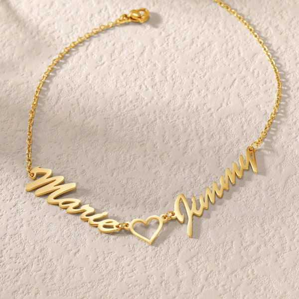 Customized Double Name Bracelet-Anklet with Heart|Mama Bracelet with Kids Name|Anniversary Gift for Couple|Name Bracelet for Best Friend