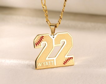 Customized Engraved Sport Number Necklace with Name|Baseball Lace Necklace|Personalized Lucky Pendant|Softball and Sports Team Number