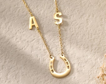Customized Horseshoe Necklace with Two Initials|Tiny Horseshoe Necklace|Lucky Horseshoe Pendant Necklace|Personalized Letter Necklace Gift
