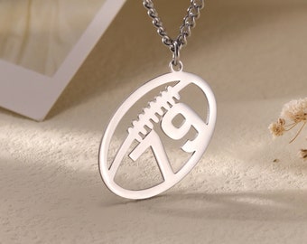 American Football Number Necklace|Custom Soccer Number Pendant with Curb Chain|Football Coach Gift|Football Player Gift|Soccer Sport Jewelry