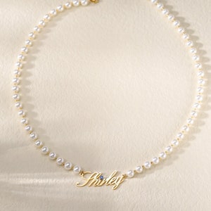 Geboortesteen naamketting met parelketting|Gepersonaliseerde naamketting|Aangepaste parel naamketting met geboortesteen|Parelletter sieraden vrouwen
