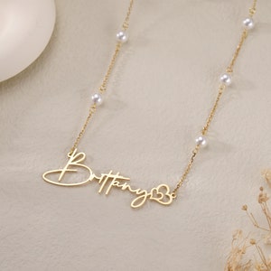 Personalized Pearl Name Necklace|Custom Dainty Necklace with Pearl Beads Chain|Heart Pearl Necklace for Mom|Bridesmaid Gift for Her