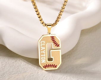 Personalized Initial Necklace with Baseball Lace|Tiny Sporty Initial Letter Necklace|Custom Lucky Pendant|Baseball and Sports Team Necklace