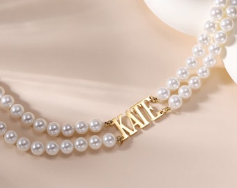 Double Layer Gold Pearl Necklace|Personalized Freshwater Pearl Name Necklace with Gold Beads|Custom Beaded Necklace Layered Gift For Her