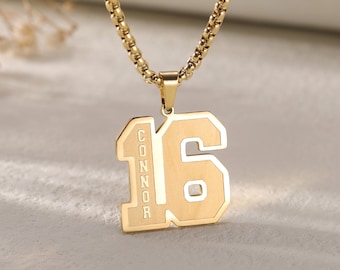 Custom Engraved Number Necklace with 3mm Rolo Chain|Personalized Sport Number Pendant with Any Name|Sport Team Player Number Necklace