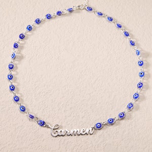 Personalized Blue Evil Eye Name Necklace Beaded|Custom Gold Evil Eye Choker Necklace|Protection Necklace|Evil Eye Jewelry|Birthday Gift