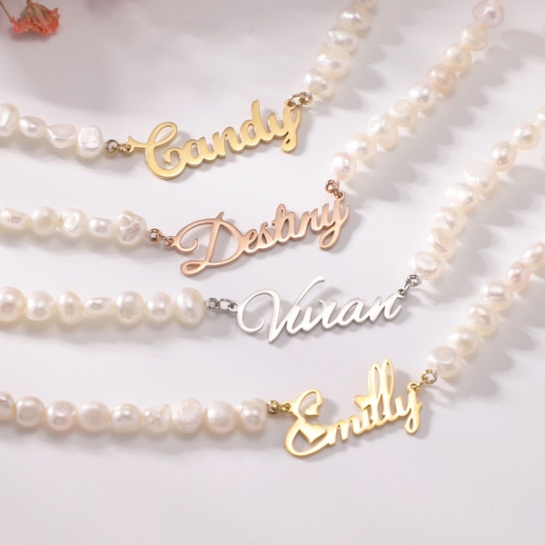 Personalized Freeform Pearl Name Necklace|Custom Freshwater Baroque Pearl Necklace|Handmade Nameplate Pearl Choker|Old English Name Necklace