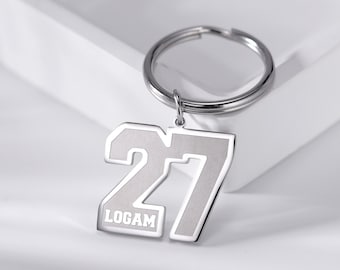 Personalized Team Number Keyring with Name|Customized Engraved Sport Number Key Chain|Black Car Keys Keychain for Dad|Birthday Gift For Kids