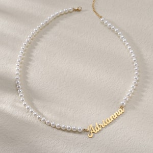 Off-Center Freshwater Pearl Necklace|Custom White Pearl Sideway Name Necklace|Handmade Nameplate Pearl Choker|Old English Name Necklace