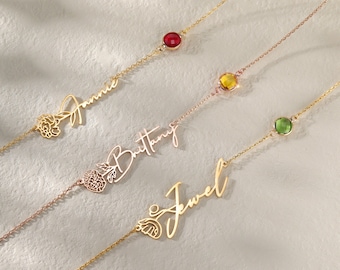 Custom Name Necklace with Birth Flower|Birth Flower and Birthstone Name Necklace|Floral Name Necklace|Birthday Gift|Christmas Gift