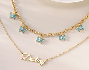 Custom Butterfly Name Necklace with Zircon Gemstones Set|Personalized Dreamy Blue Butterfly Choker|Layered Necklace|Dainty Letter Pendant