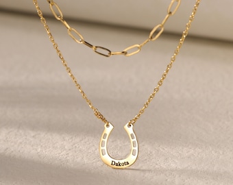 Custom Double Layered Tiny Horseshoe Necklace|Personalized Paperclip Chain Horseshoe Engraved Name Necklace|Good Luck Charm|Horse Gifts