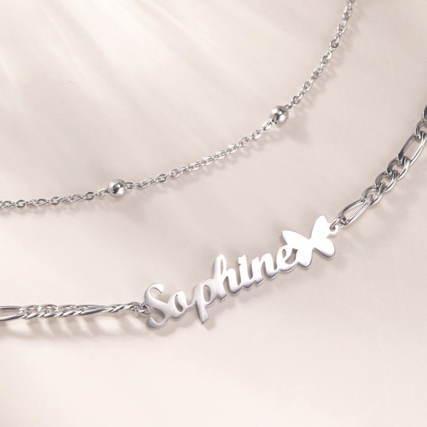 Personalized Layering Letter Anklet with Butterfly Charm|Custom Name Anklet-Bracelet|Dainty Double Strand Anklet with Name|Body Jewelry