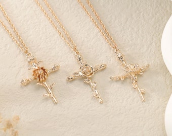 Birth Flower Gold Cross Necklace|Cross with Flowers Floral Pendant Necklace|Cross Pendant|Personalized Gift for Her|Birthday Jewelry