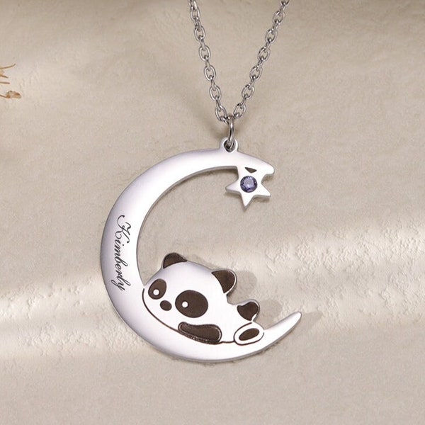 Collier de nom de panda personnalisé avec pierre de naissance| Charme personnalisé d’ours panda de bonne nuit| Collier de plaque signalétique d’animal| Collier de nom gravé pour enfants