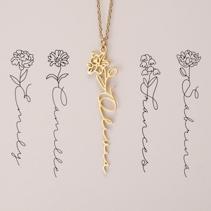 Collar de letra de flor del mes personalizado/Collar de flor vertical con nombre/Collar de nombre de guión hecho a mano floral/Regalo de damas de honor personalizado