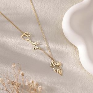 Collier prénom fleur de naissance personnalisé|Nom de collier fleur en or délicat|Collier floral familial|Collier fleur de naissance pour maman|Bijoux d'anniversaire
