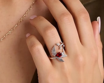 Custom Adjustable Birthflower Ring-Personalized Hummingbird Ring with Name and Birthstone-Dainty Bridesmaids  Jewelry-Birthday Gift For BFF