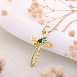 Personalized Birthstone Cross Necklace-Custom Religious Jewelry-Dainty Spiritual Jewelry-Family Gemstones Necklace-Bridesmaids Gift for Her