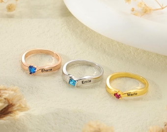 Custom Engraved Name Ring-Personalized Heart Birthstone Ring-Bridesmaid Jewelry-Keepsake Gift For Mom-Stackable Birthday Ring-Grandma Gifts