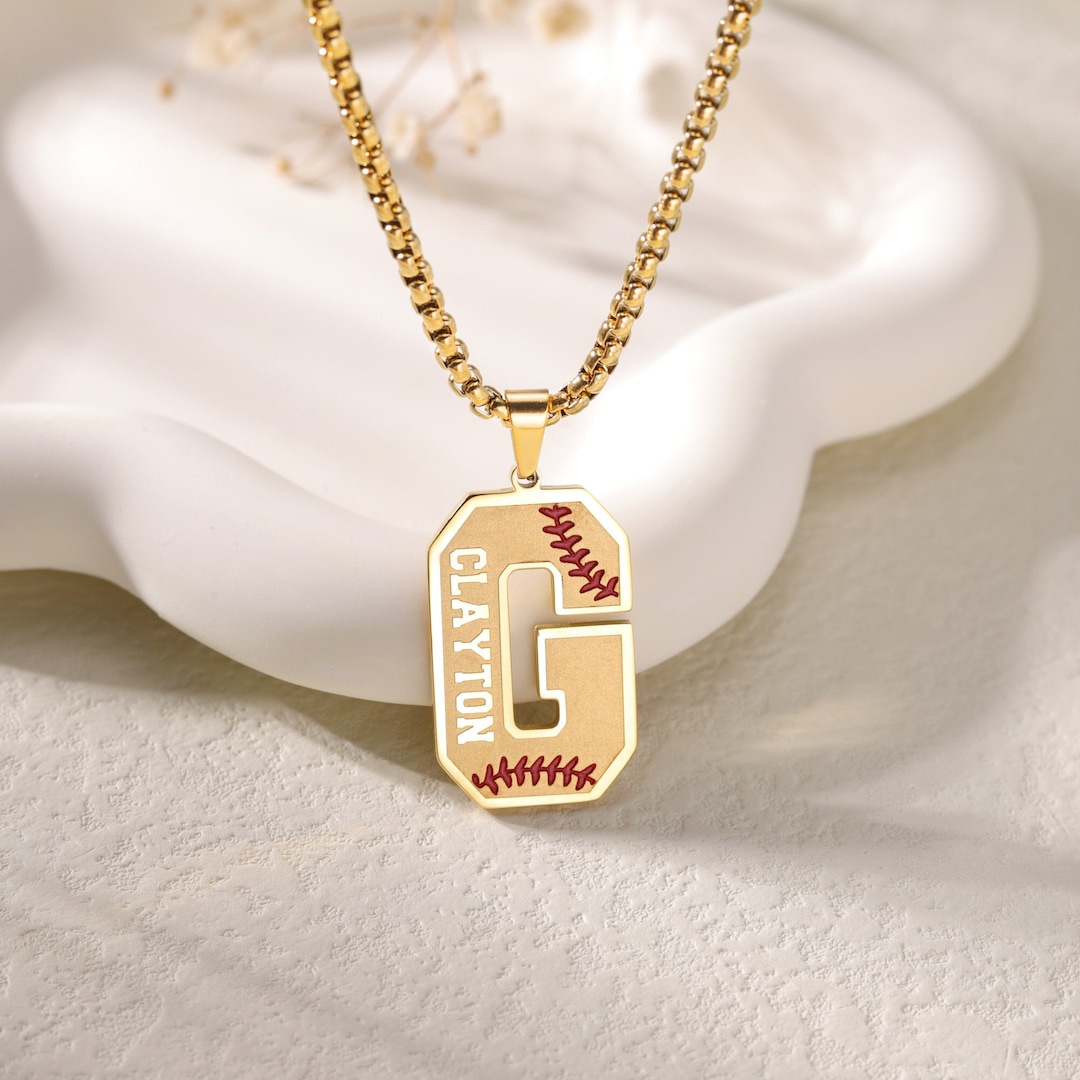 Personalized Initial Necklace With Baseball Lacetiny Sporty Initial