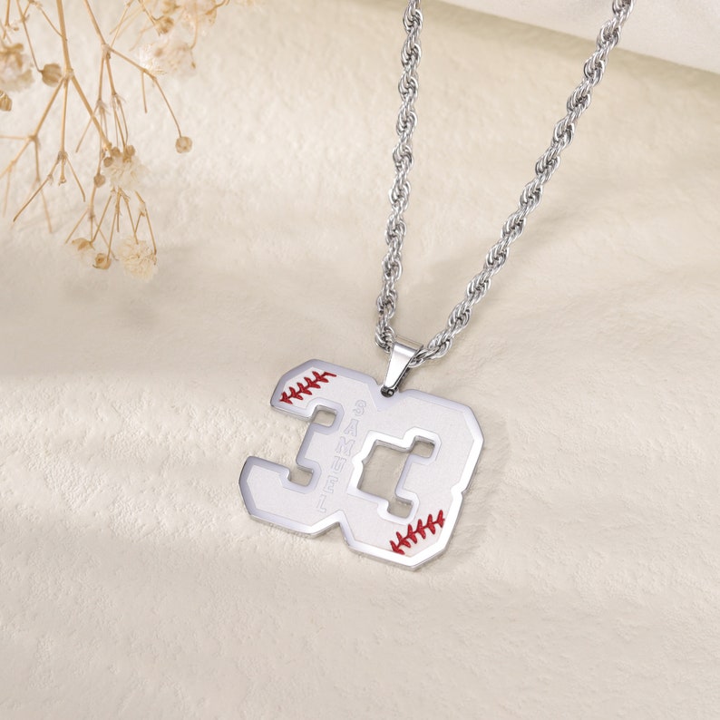 Customized Engraved Sport Number Necklace with NameBaseball Lace NecklacePersonalized Lucky PendantSoftball and Sports Team Number image 4