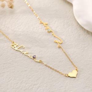 Birthstone Heart Necklace with 2 Names|Children Name Necklace with Birthstone|Birthstone Personalized Jewelry|Best Mom Gift|Birthday Gift