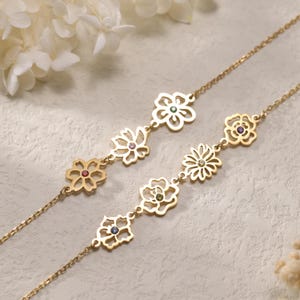 Pulsera de flor de nacimiento con piedra de nacimiento/Pulsera de flor de nacimiento combinada/Regalo para damas de honor/Joyería de flor de nacimiento/Regalo familiar único para madre