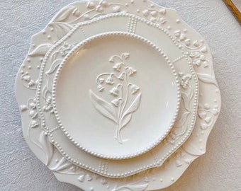 Juego de platos de cerámica en relieve blancos de estilo francés / Vajilla / Desayuno / Plato de cena / Plato de postre / Decoración de cocina / Regalo