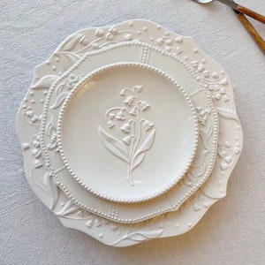 French Style White Embossed raised Ceramic Plate Set | Tableware | Breakfast | Dinner plate | Dessert plate | Kitchen decor | Gift