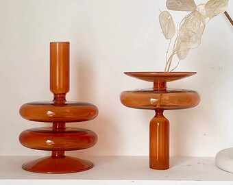 Nordic Glass Amber Taper Candlestick Candle Holders | Glass Flower Vases | candle holder pillar