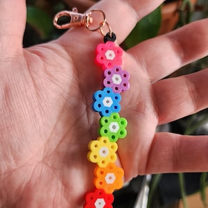 Rainbow flower perler bead keychain