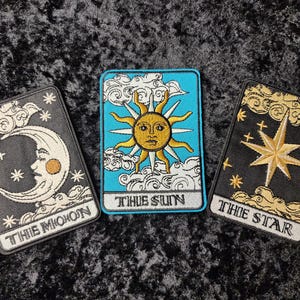 Tarot card iron on embroidery patches. The moon. The sun. The star.