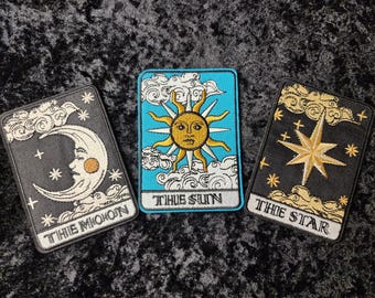 Tarot card iron on embroidery patches. The moon. The sun. The star.