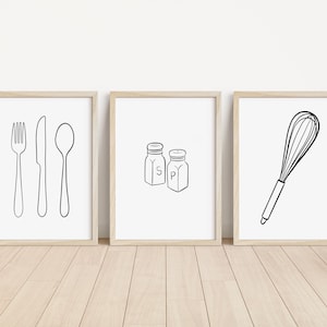 3 piece art prints, printable wall art, kitchen art simple, line art kitchen, dining printable art, set of 3 prints, minimal art prints