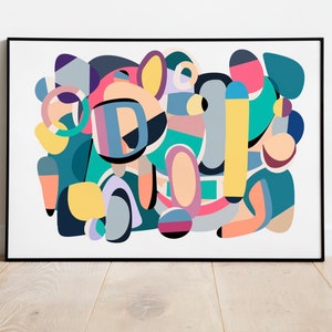 Bright vivid colorful abstract print, retro wall art, multicolour funky abstract art, printable fun art, dining room art, abstract modern