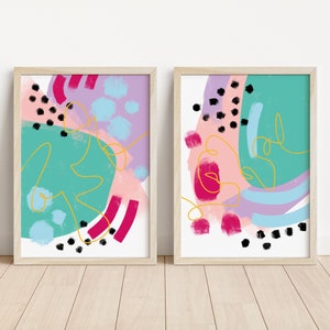 Bright vivid colorful abstract print, retro wall art, 2 piece wall art prints, printable fun art, dining room art, kids bedroom art funky