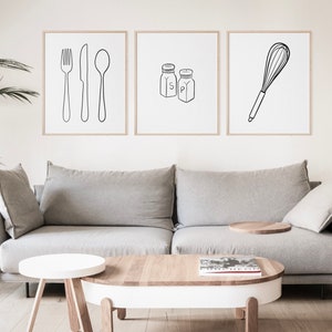 abstract kitchen art prints: modern line drawing set... 3 Piece Art Prints, Printable Wall Art, Kitchen Art Simple, Line Art ...