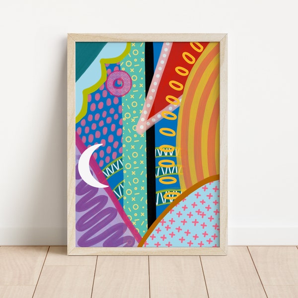 Bright vivid colorful abstract print, retro wall art, multicolour funky abstract art, printable fun art, dining room art, kids bedroom art