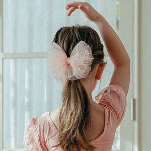 Può includere: Una ragazza con i capelli lunghi e castani indossa un body rosa e un fiocco di tulle rosa con accenti di perle nei capelli. È in piedi davanti a una finestra con il braccio alzato.